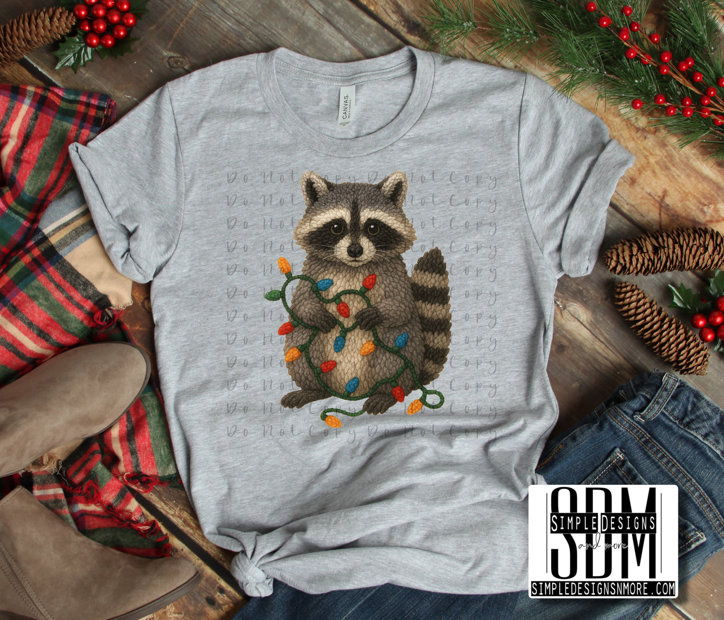Feral Raccoon Christmas Lights (Faux yarn) Heat Transfer Sublimation, Sublimation, DTF Direct to Film