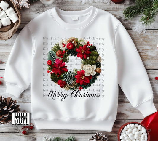 Merry Christmas Wreath (Embroidery) Heat Transfer Sublimation, Sublimation, DTF Direct to Film