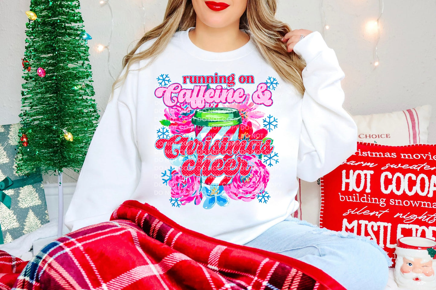 Running on Caffeine and Christmas Cheer Comfort Color T-shirt, Bella Canvas Tees, Crew Sweatshirt