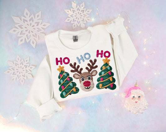 Ho Ho Ho Christmas Tree and Reindeer (Faux Yarn) Heat Transfer Sublimation, Sublimation, DTF Direct to Film