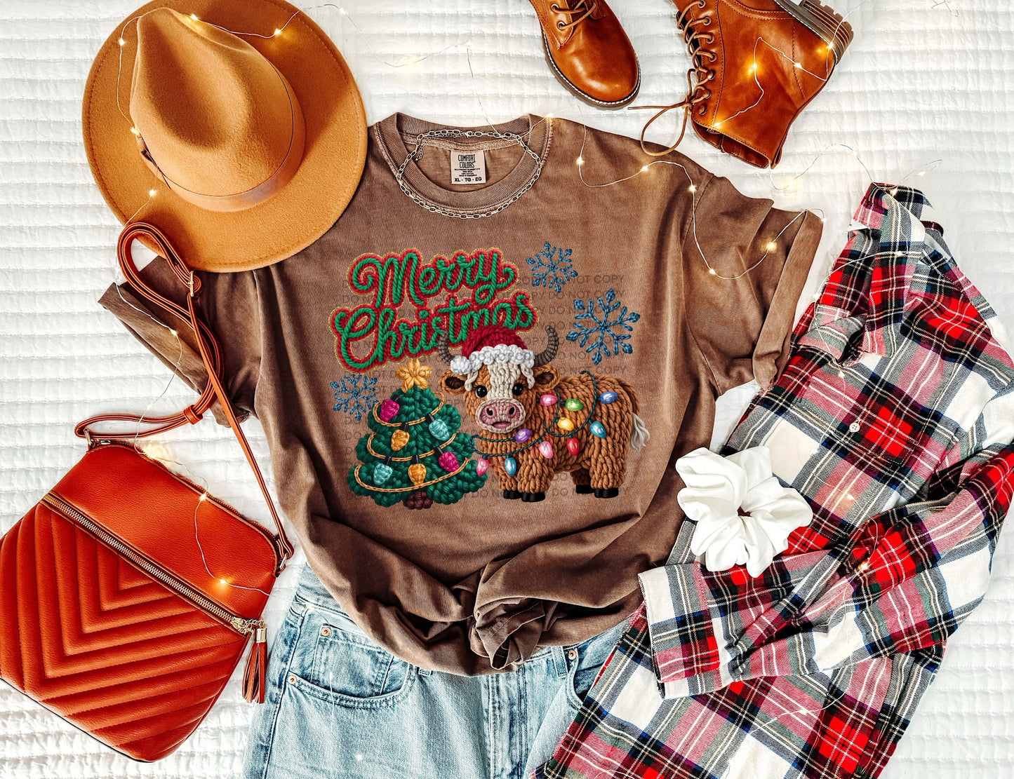 Highland Cow Merry Christmas Tree (Faux Yarn) Comfort Color T-shirt, Bella Canvas Tees, Crew Sweatshirt