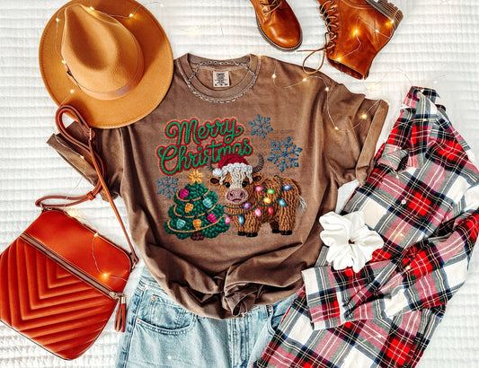 Highland Cow Merry Christmas Tree (Faux Yarn) Heat Transfer Sublimation, Sublimation, DTF Direct to Film