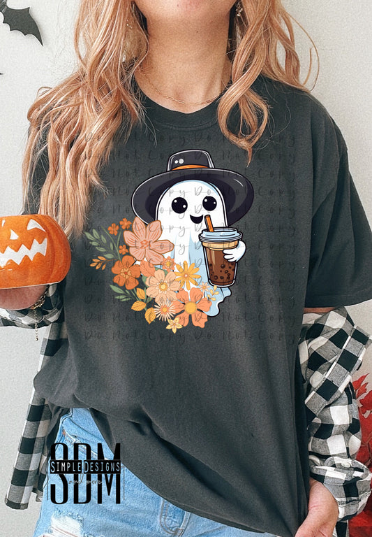 Cute Ghost With Retro Flowers DTF Direct to Film Heat Transfer