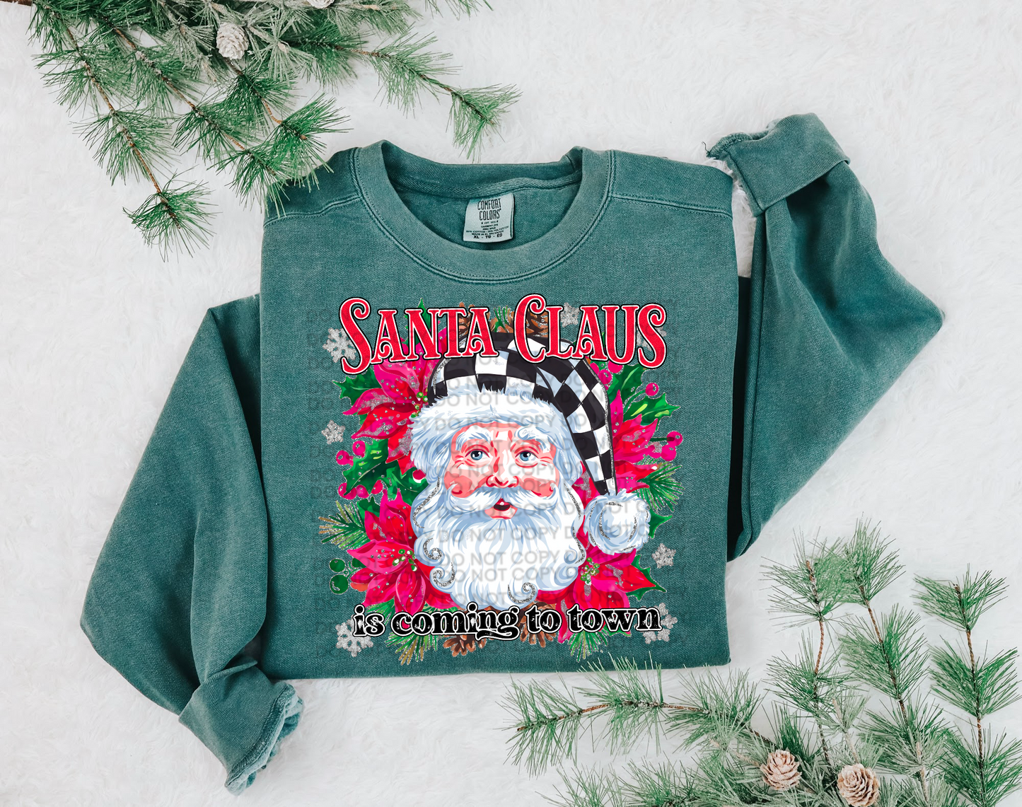 Santa Claus is Coming to Town Checkered Hat Comfort Color T-shirt, Bella Canvas Tees, Crew Sweatshirt