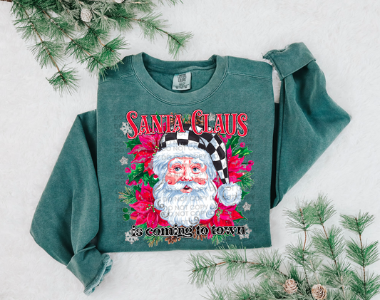 Santa Claus is Coming to Town Checkered Hat Comfort Color T-shirt, Bella Canvas Tees, Crew Sweatshirt