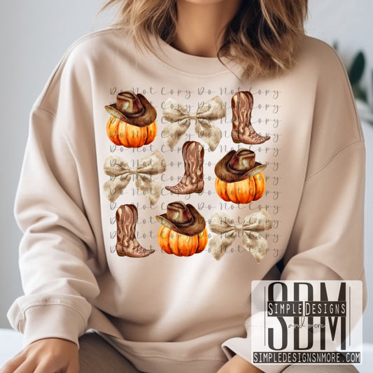 Boots Cowboy Pumpkins and Bows Heat Transfer Sublimation, Sublimation, DTF Direct to Film