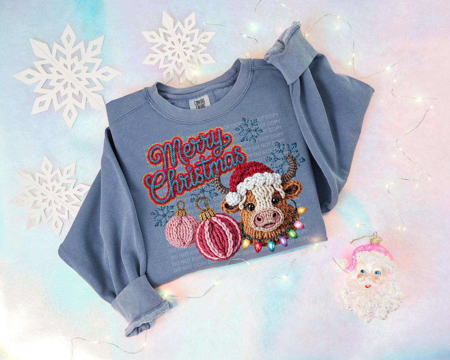 Highland Cow Merry Christmas Ornaments (Faux Yarn) Comfort Color T-shirt, Bella Canvas Tees, Crew Sweatshirt