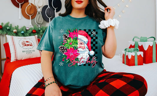 Floral Checkered Santa Baby Comfort Color T-shirt, Bella Canvas Tees, Crew Sweatshirt