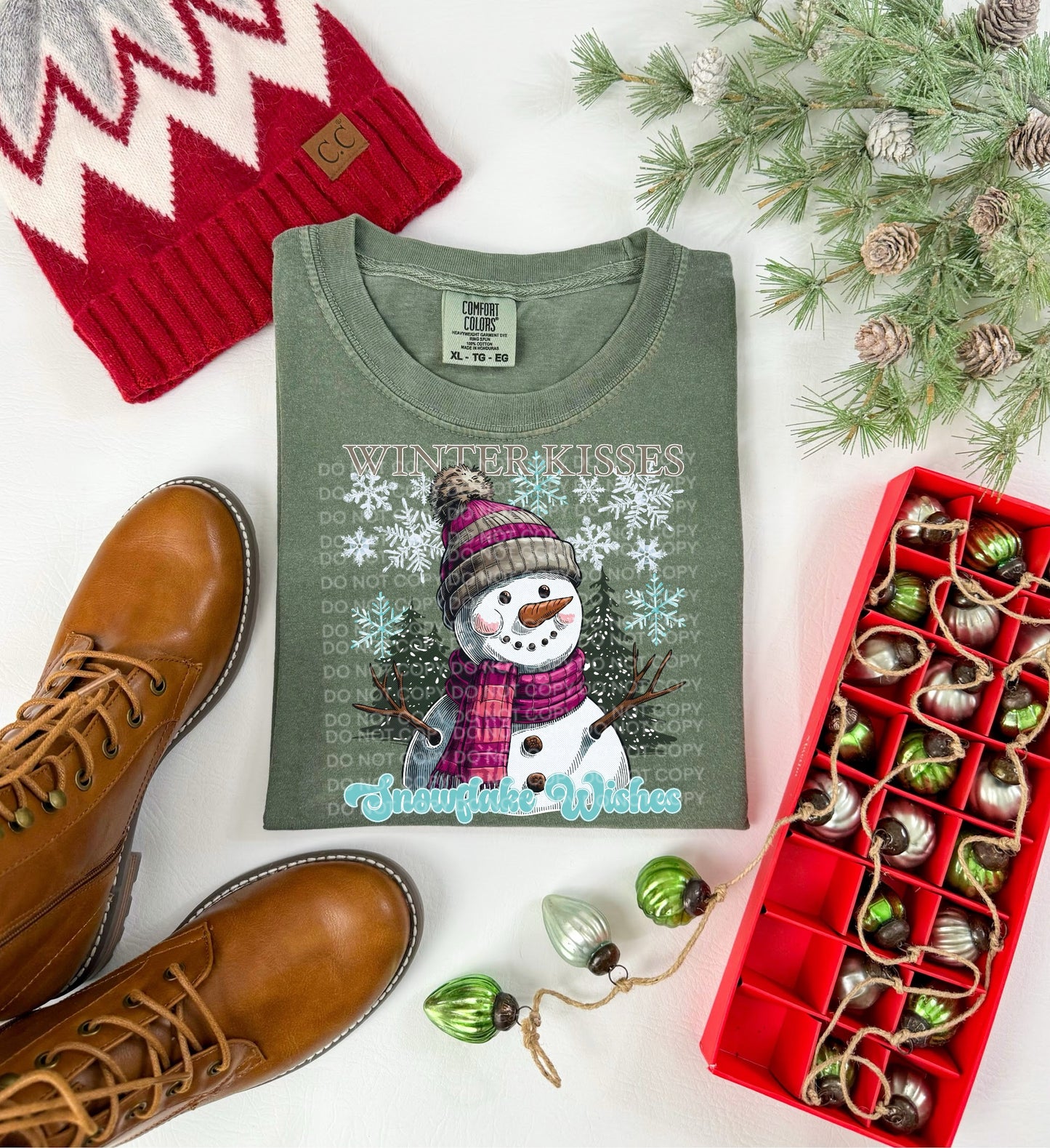 Winter Kisses Snowflake Wishes Snowman Comfort Color T-shirt, Bella Canvas Tees, Crew Sweatshirt