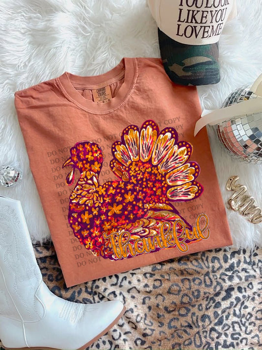 Floral Turkey Thankful Comfort Color T-shirt, Bella Canvas Tees, Crew Sweatshirt