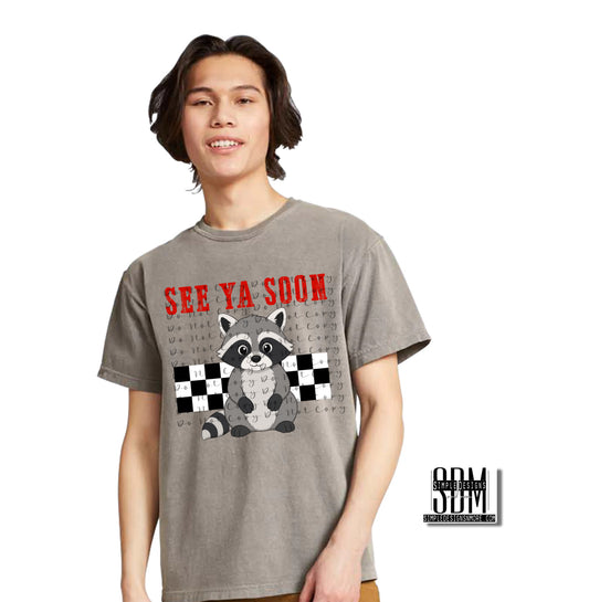 See Ya Soon Raccoon Checkered Front Heat Transfer Sublimation, Sublimation, DTF Direct to Film Transfers