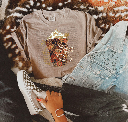 Coffee Floral Comfort Color T-shirt, Bella Canvas Tees, Crew Sweatshirt