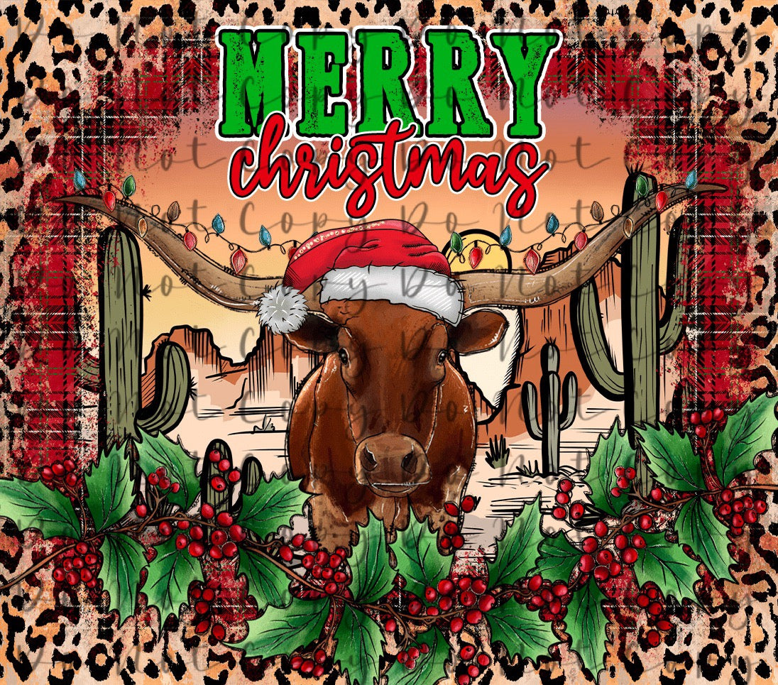 Merry Christmas Longhorn 20oz Straight Tumbler Sublimation Print