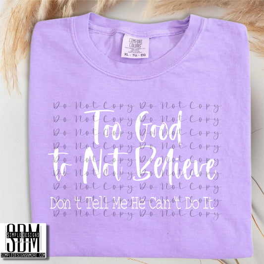 Too Good to Not Believe (White Print) Heat Transfer Sublimation, Sublimation, DTF Direct to Film
