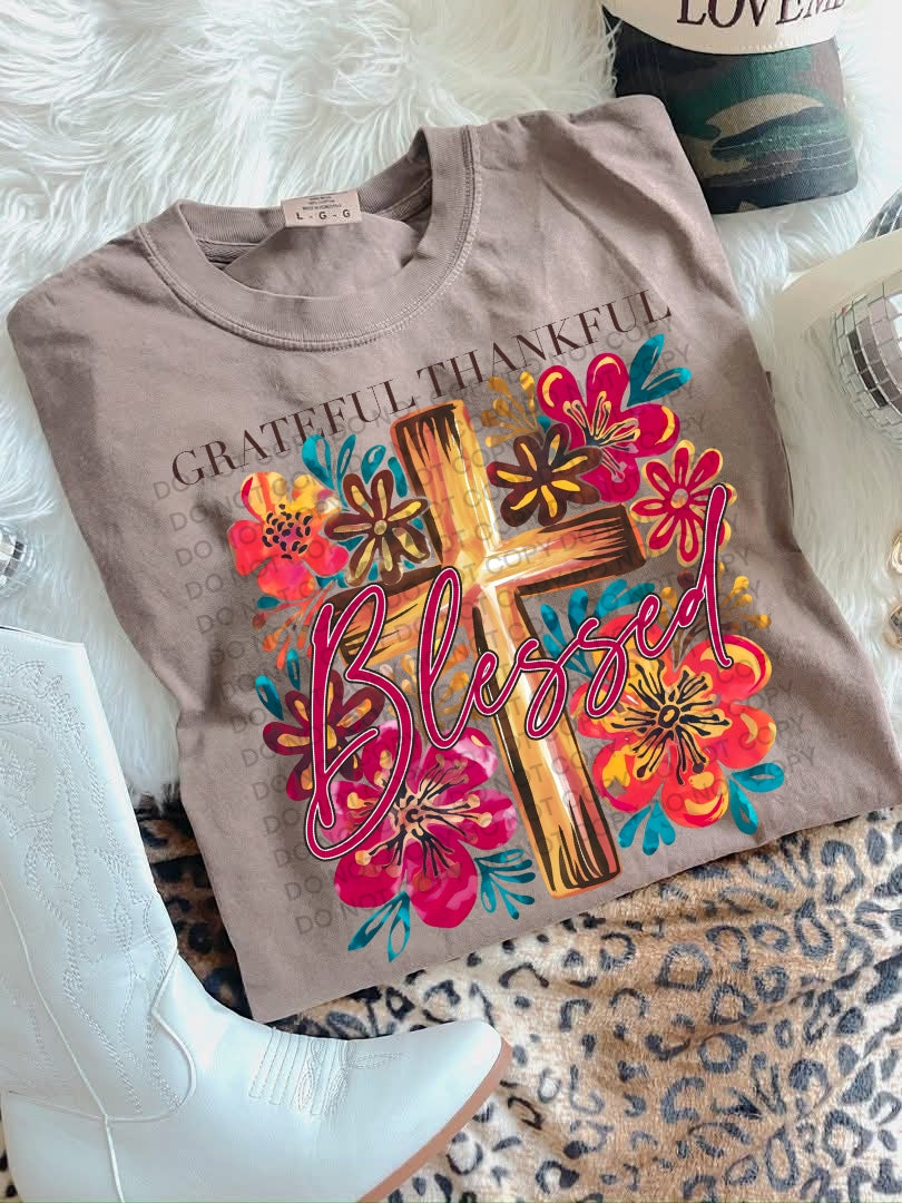 Cross Grateful Thankful Blessed Floral Comfort Color T-shirt, Bella Canvas Tees, Crew Sweatshirt