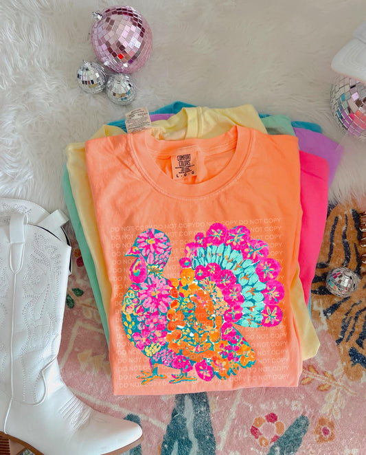 Floral Turkey Pink/Aqua Comfort Color T-shirt, Bella Canvas Tees, Crew Sweatshirt