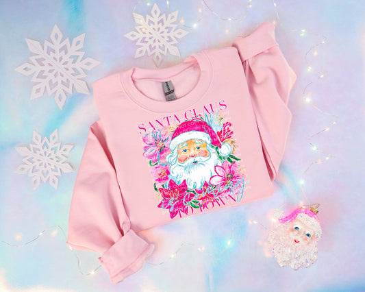 Santa Claus is Coming to Town Pink Hat Comfort Color T-shirt, Bella Canvas Tees, Crew Sweatshirt