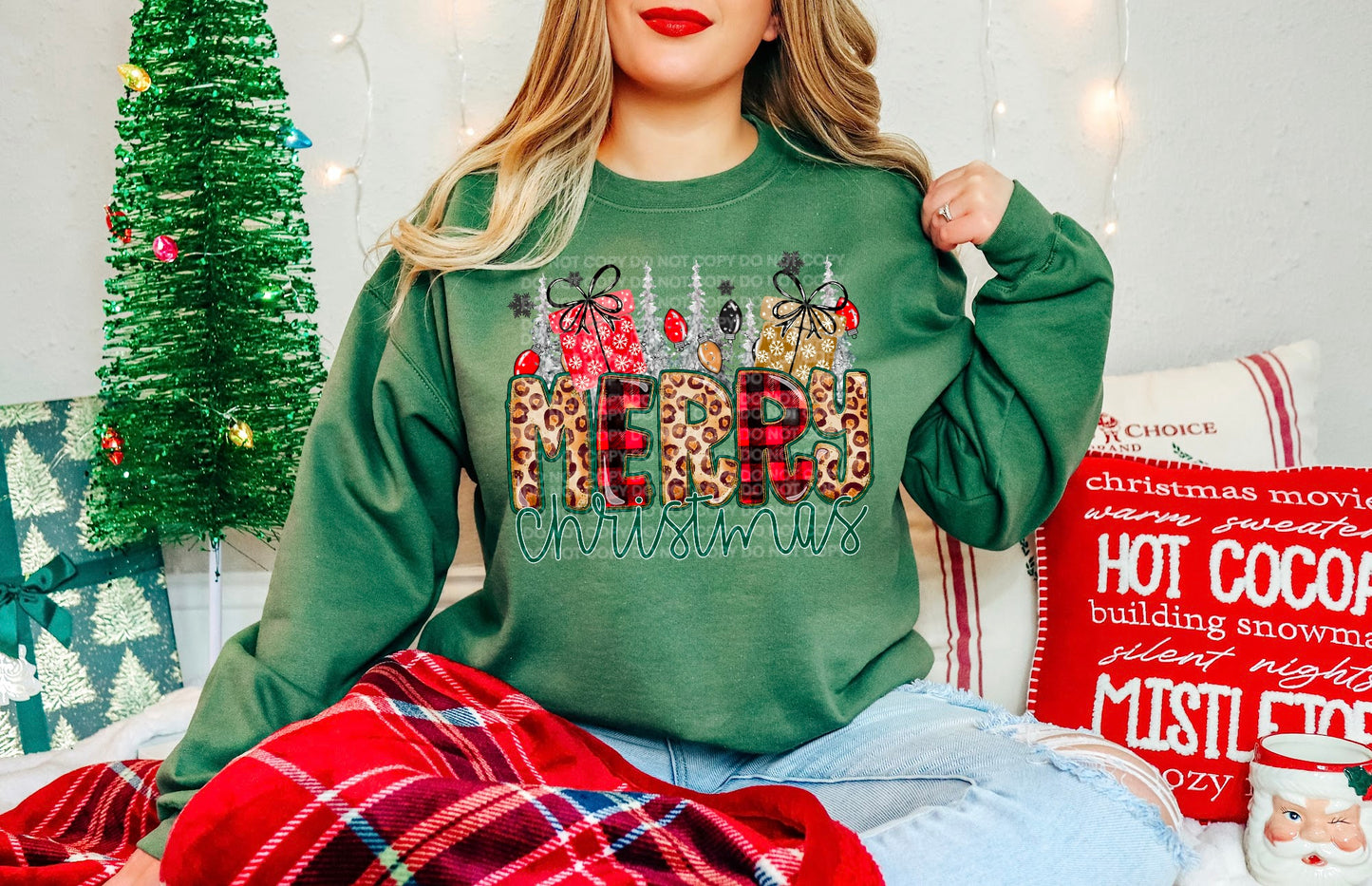 Present Merry Christmas (Red Plaid) Comfort Color T-shirt, Bella Canvas Tees, Crew Sweatshirt