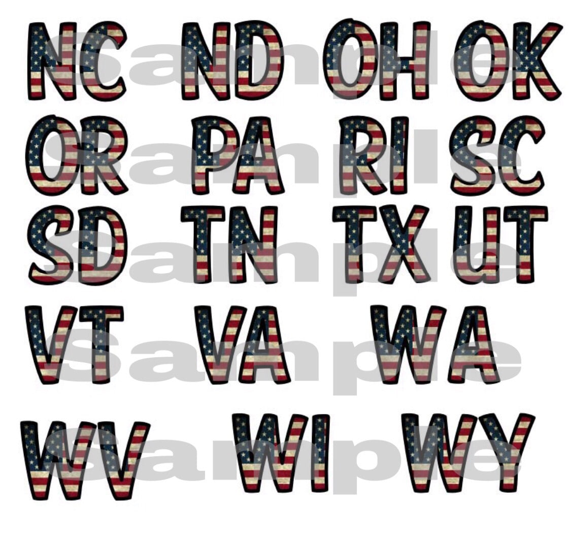 Patriotic State Abbreviations Sublimation Heat Transfer Sheets