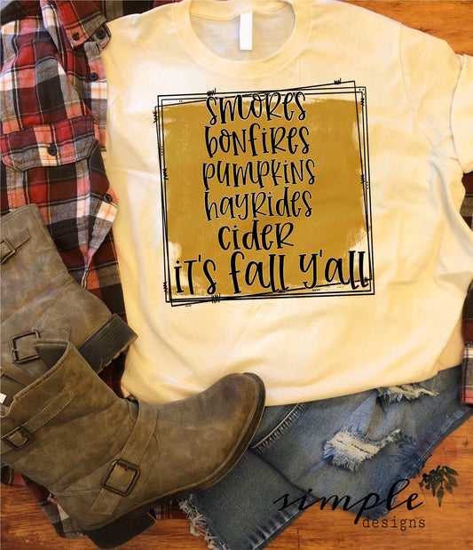 Smores Bonfires Pumpkins Hayrides Cider It's Fall Yall Tan Sublimation Heat Transfer Sheet