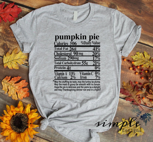 Pumpkin Pie Thanksgiving Nutrition Facts Sublimation Heat Transfer Sheet