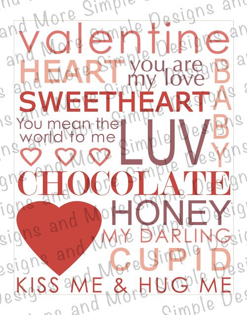 Valentine Words of Love, Heart, Valentine’s Day Sublimation Heat Transfer Sheets