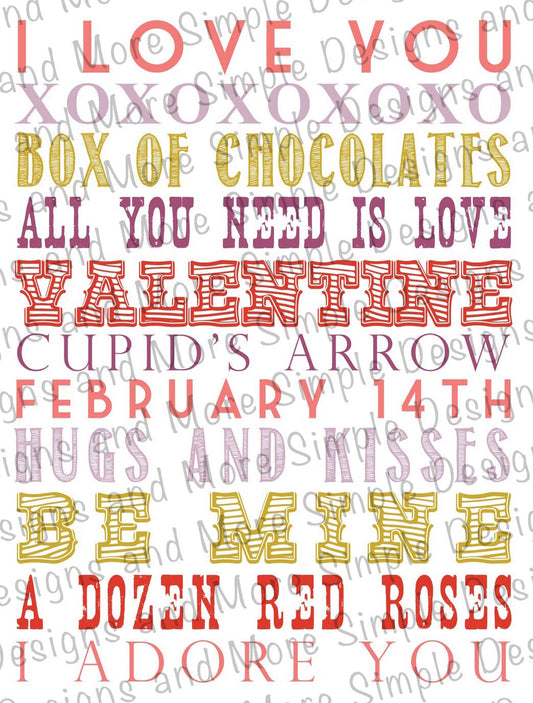 Box of Chocolates Words of Love, Heart, Valentine’s Day Sublimation Heat Transfer Sheets