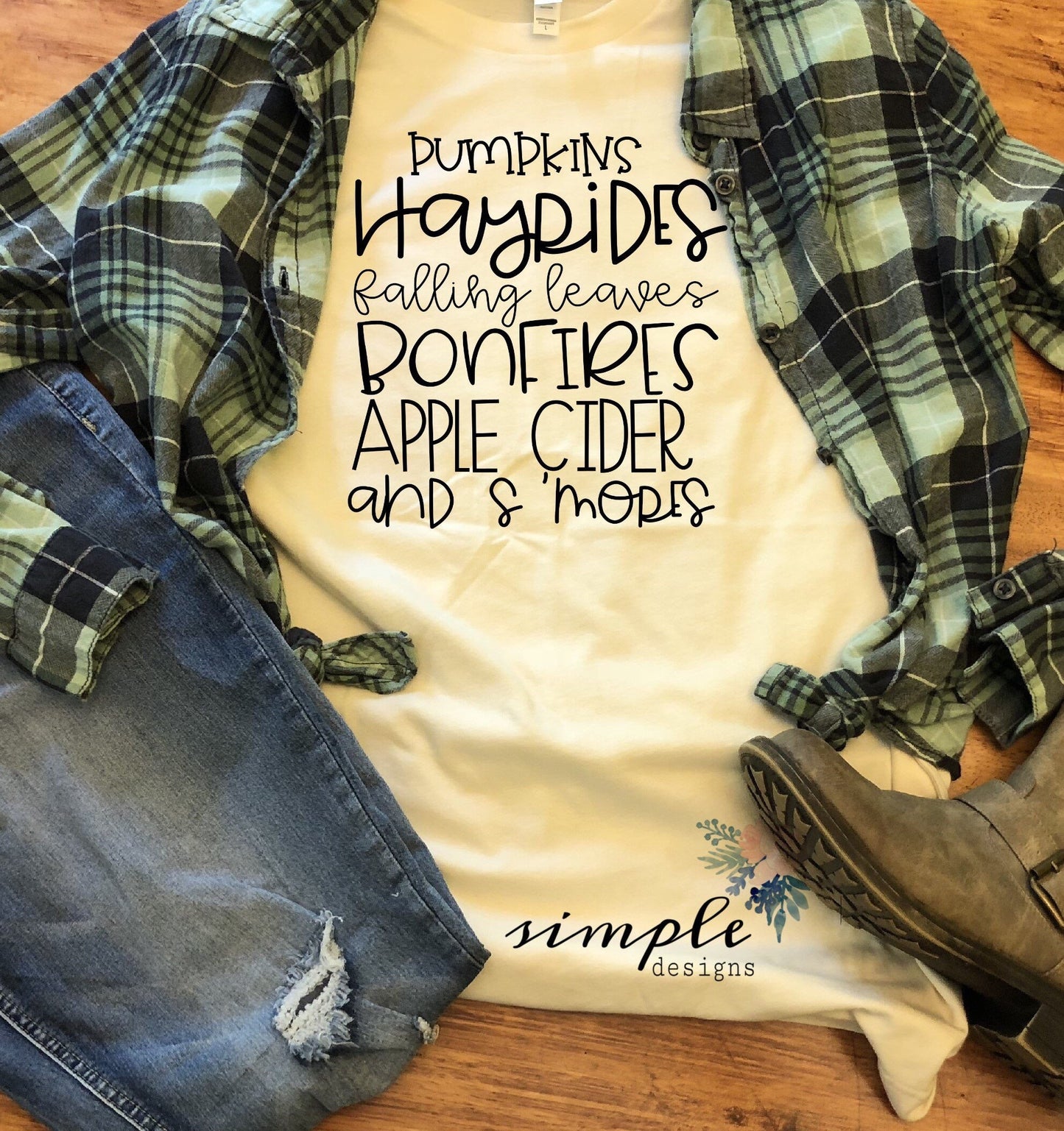 Pumpkins Hayrides Fallin Leaves Bonfires Apple Cider and Smores Lettering Sublimation Heat Transfer Sheet