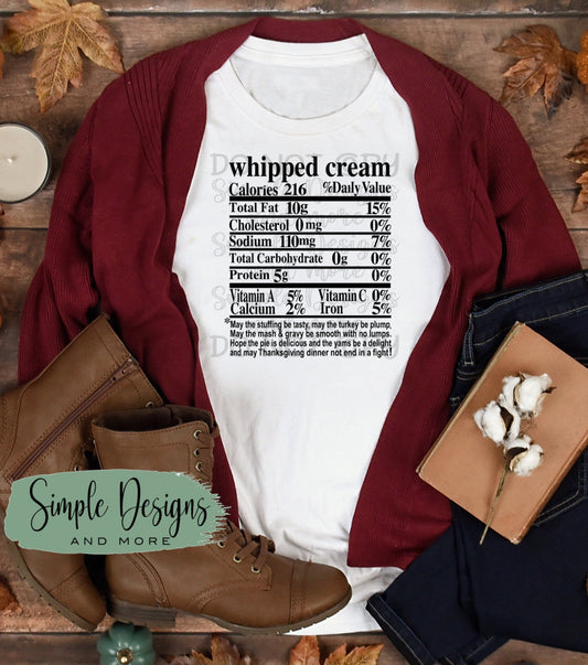 Whipped Cream Thanksgiving Nutrition Facts Sublimation Heat Transfer Sheet